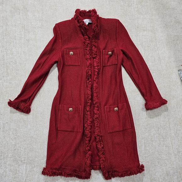 St. John Collection Sz 8 Red Wool Blend Rockstar Santana Knit Fringe Duster - Picture 1 of 8